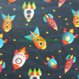 Tela infantil cohetes multicolor algodón patchwork y costura 1