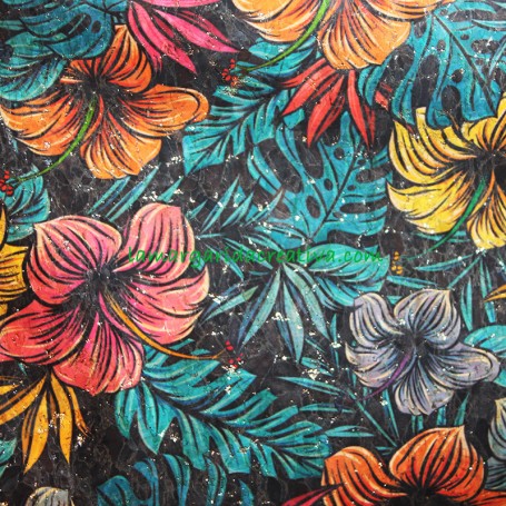 Tejido corcho natural estampado Flores Hibiscus 1