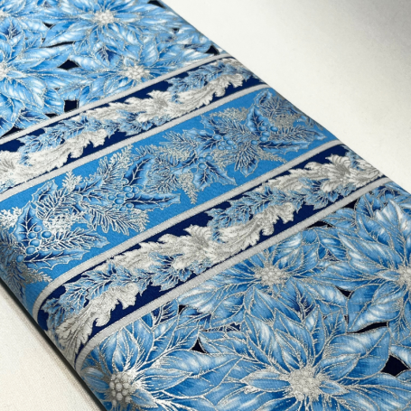 Tela Navidad Japonesa Ponsetia Azul Holiday Flourish Metalic 1