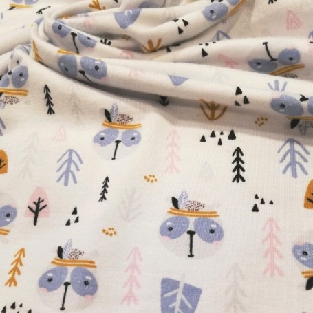 Tela punto elástica Infantil Mapaches Indios algodón ecológica patchwork costura creativa 2