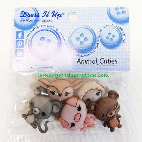 Botones decorativos patchwork Animal Cuties, animalitos bebés: ciervo, oveja, ratón, oso y cerdito