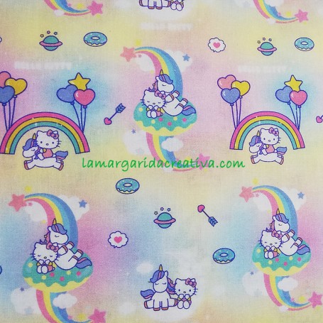 Tela popelín Hello Kitty arcoiris y unicornios Rainbow en lamargaridacreativa 2